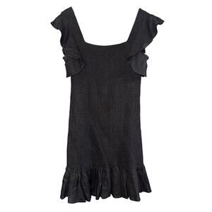Band of Gypsies Linen Blend Smocked Mini Dress Large Ruffled Sleeve Black Party